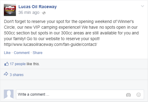 tweet of Lucas Oil Raceway selling Glamping spots 