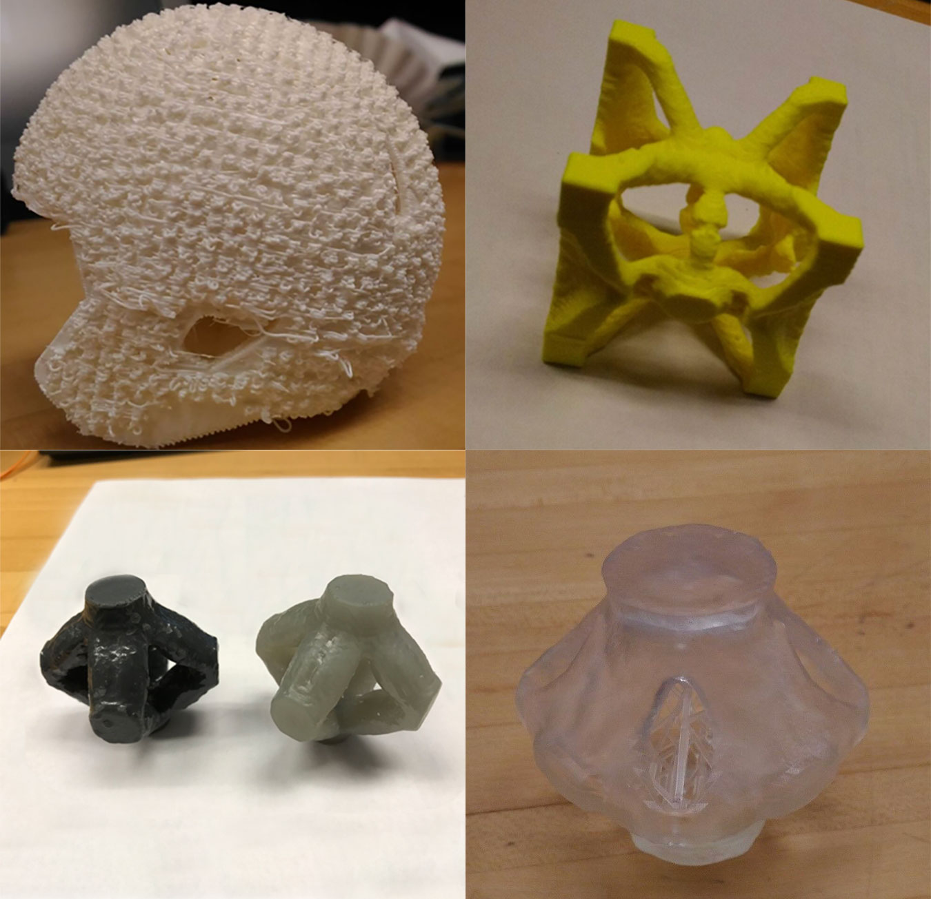 4 pictures of 3D printed objects